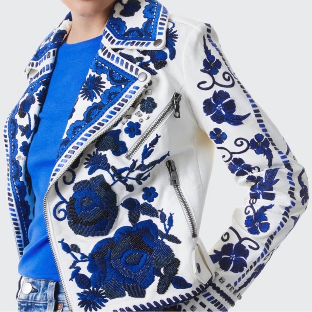 Alice + Olivia Cody Embroidered Leather Moto Jacket